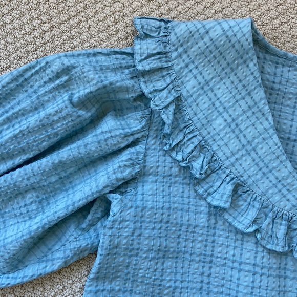 Beams Boy O.Big ruffled collar blouse, one size, blue check - Picture 5 of 11